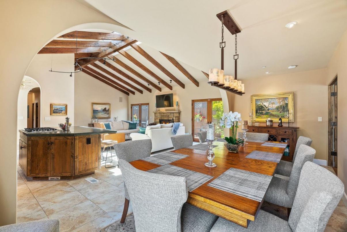 Chandelier, Dining room, Fireplace, Interior, Living room, Recessed Lighting, Wooden Beams