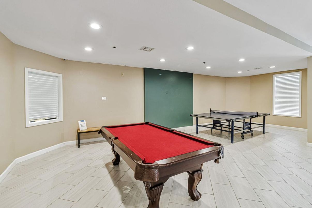 Billiard Table, Game Room, Interior, Recessed Lighting, Wood Texture Flooring