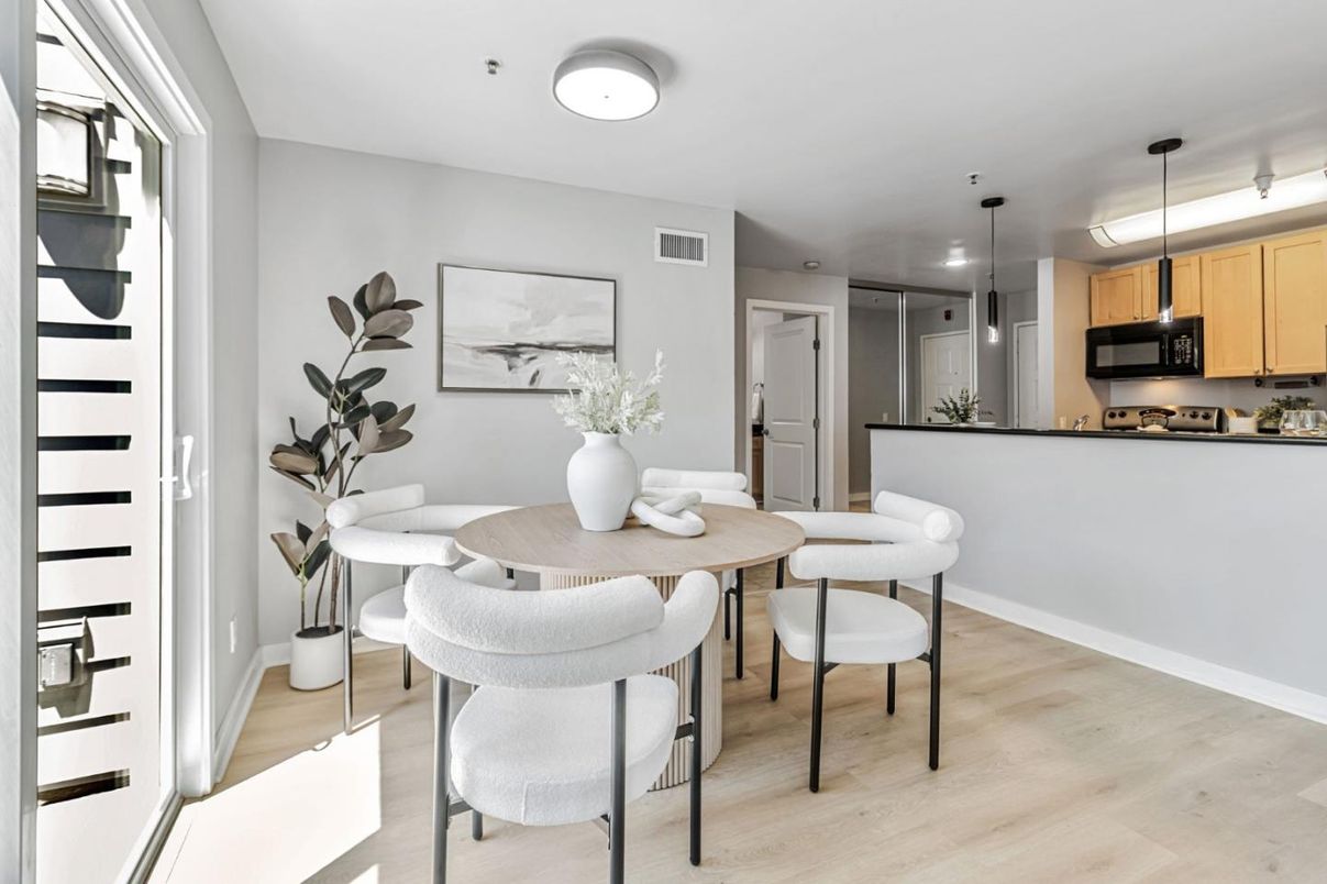 Dining room, Interior, Pendant Lights, Recessed Lighting, Wood Texture Flooring