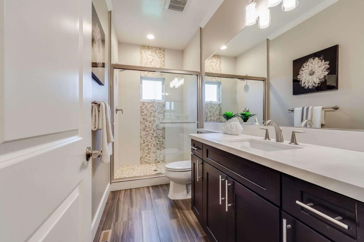 Bathroom, Glass Shower, Interior, Recessed Lighting, Wood Texture Flooring