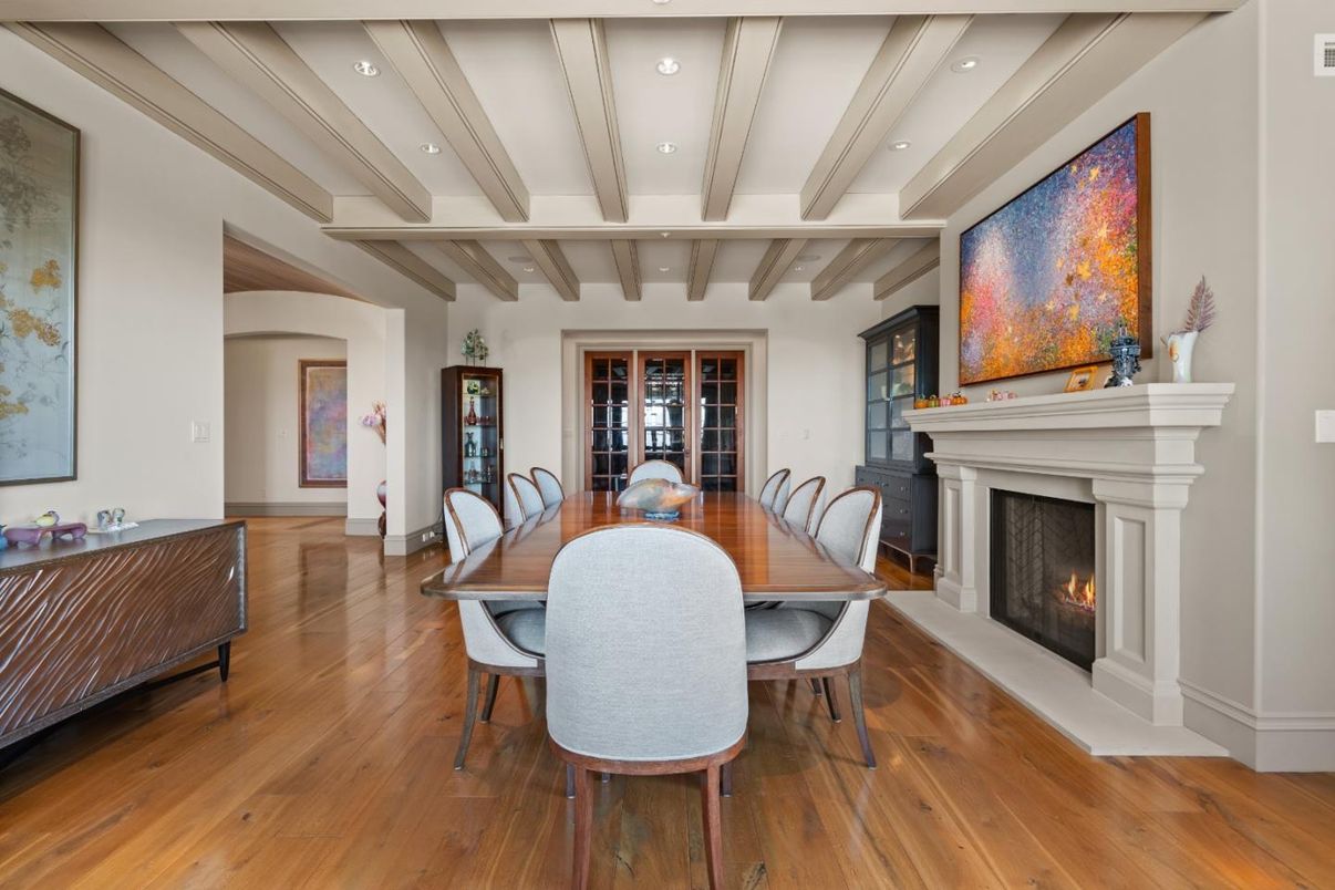 Dining room, Fireplace, Interior, Recessed Lighting, Wooden Beams, Wood Texture Flooring