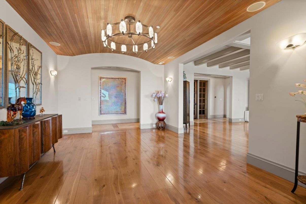 Chandelier, Empty room, Interior, Recessed Lighting, Wooden Ceilings, Wood Texture Flooring