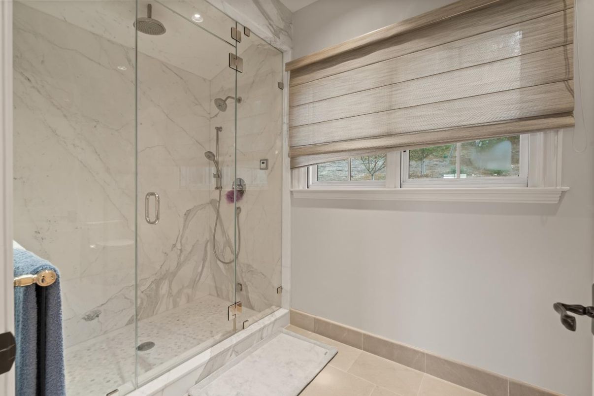 Bathroom, Glass Shower, Interior, Marble Walls, Recessed Lighting