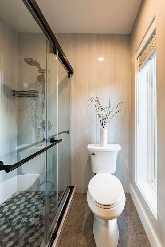 Bathroom, Glass Shower, Interior, Wood Texture Flooring