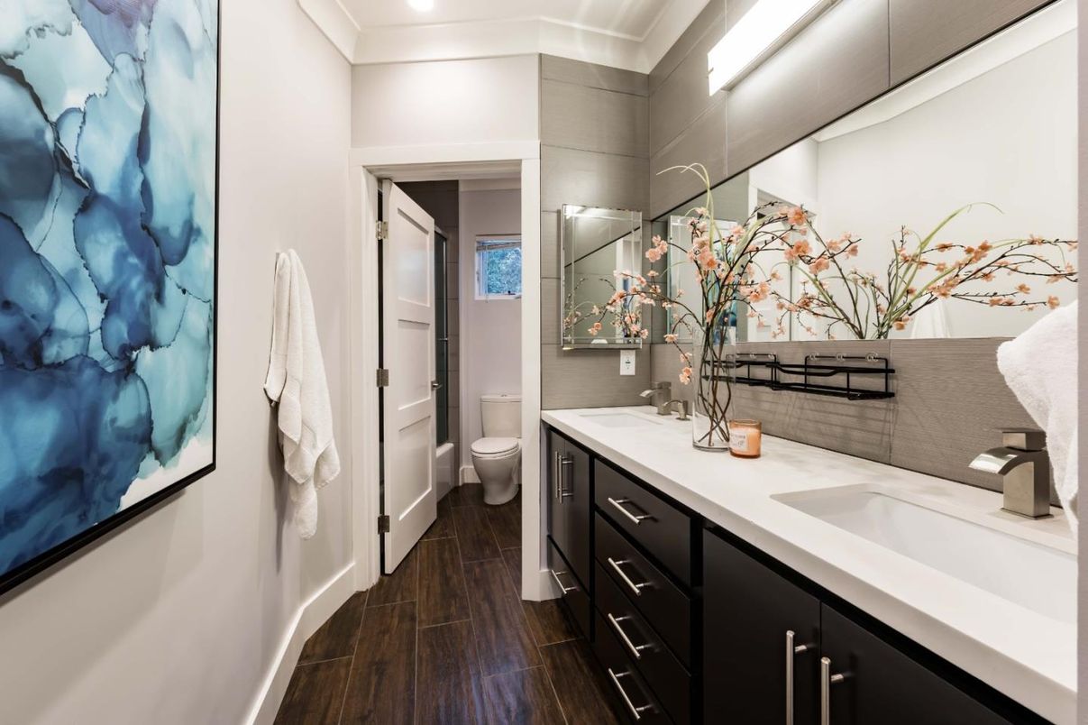 Bathroom, Dual Sink Vanities, Interior, Recessed Lighting, Wood Texture Flooring