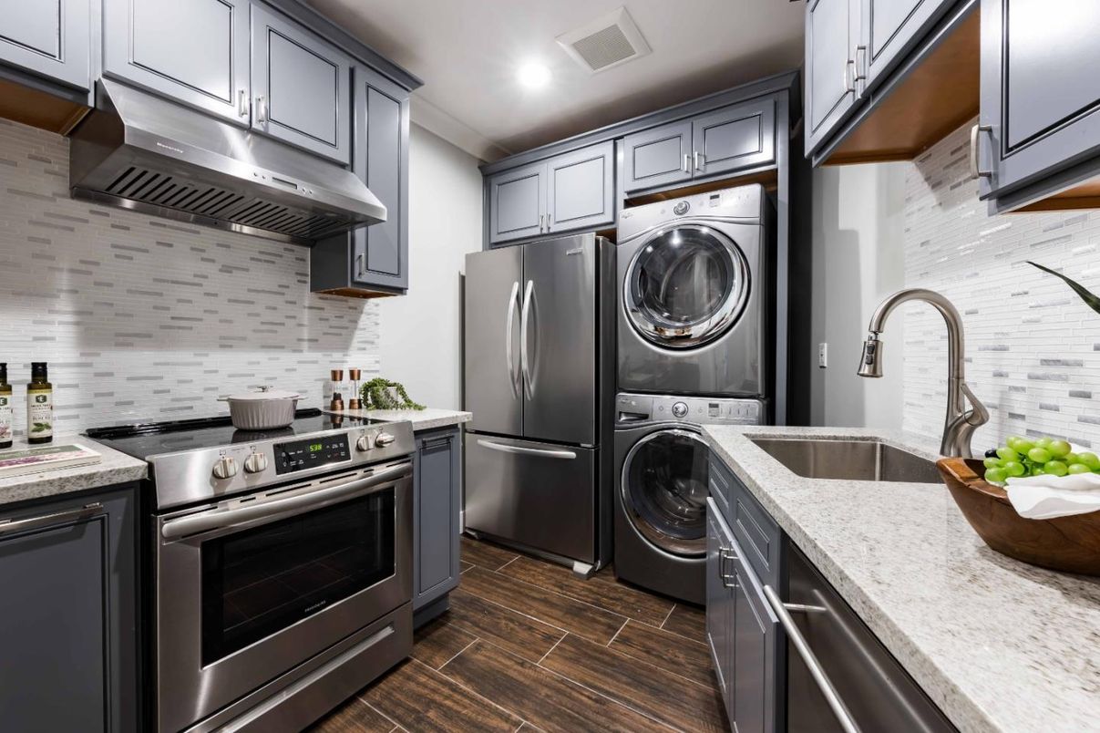 Interior, Kitchen, Recessed Lighting, Stainless Steel Appliances, Washer, Wood Texture Flooring