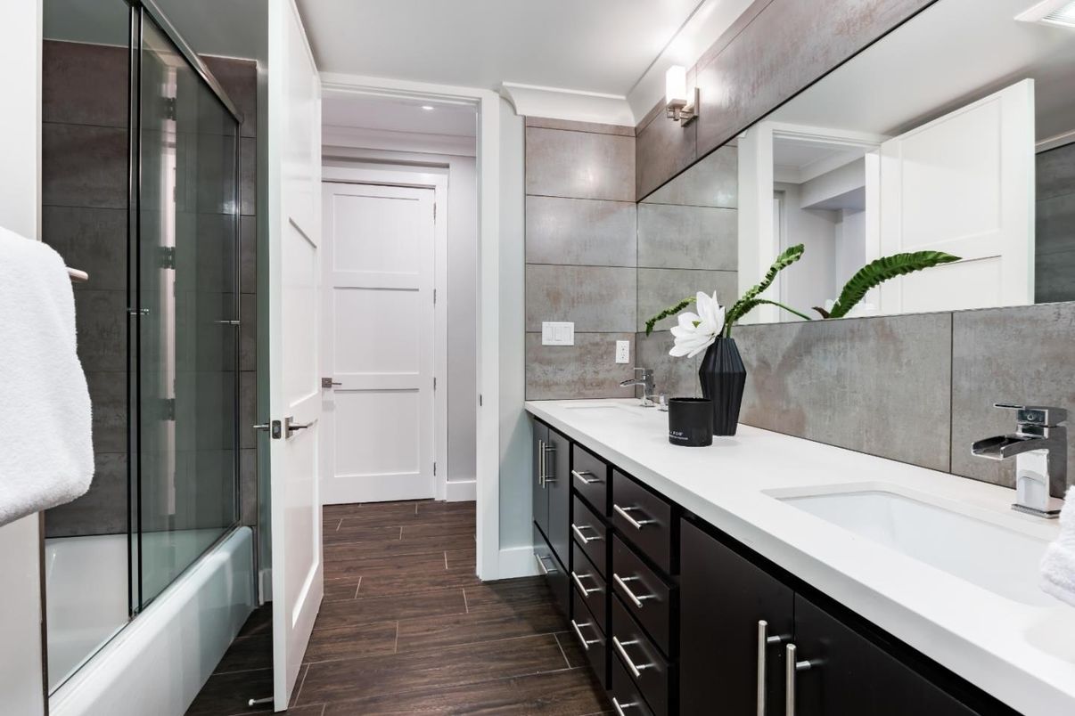 Bathroom, Dual Sink Vanities, Glass Shower, Interior, Recessed Lighting, Wood Texture Flooring