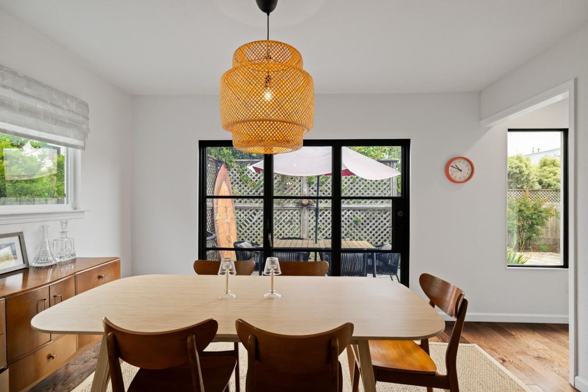 Dining room, Interior, Pendant Lights, Wood Texture Flooring