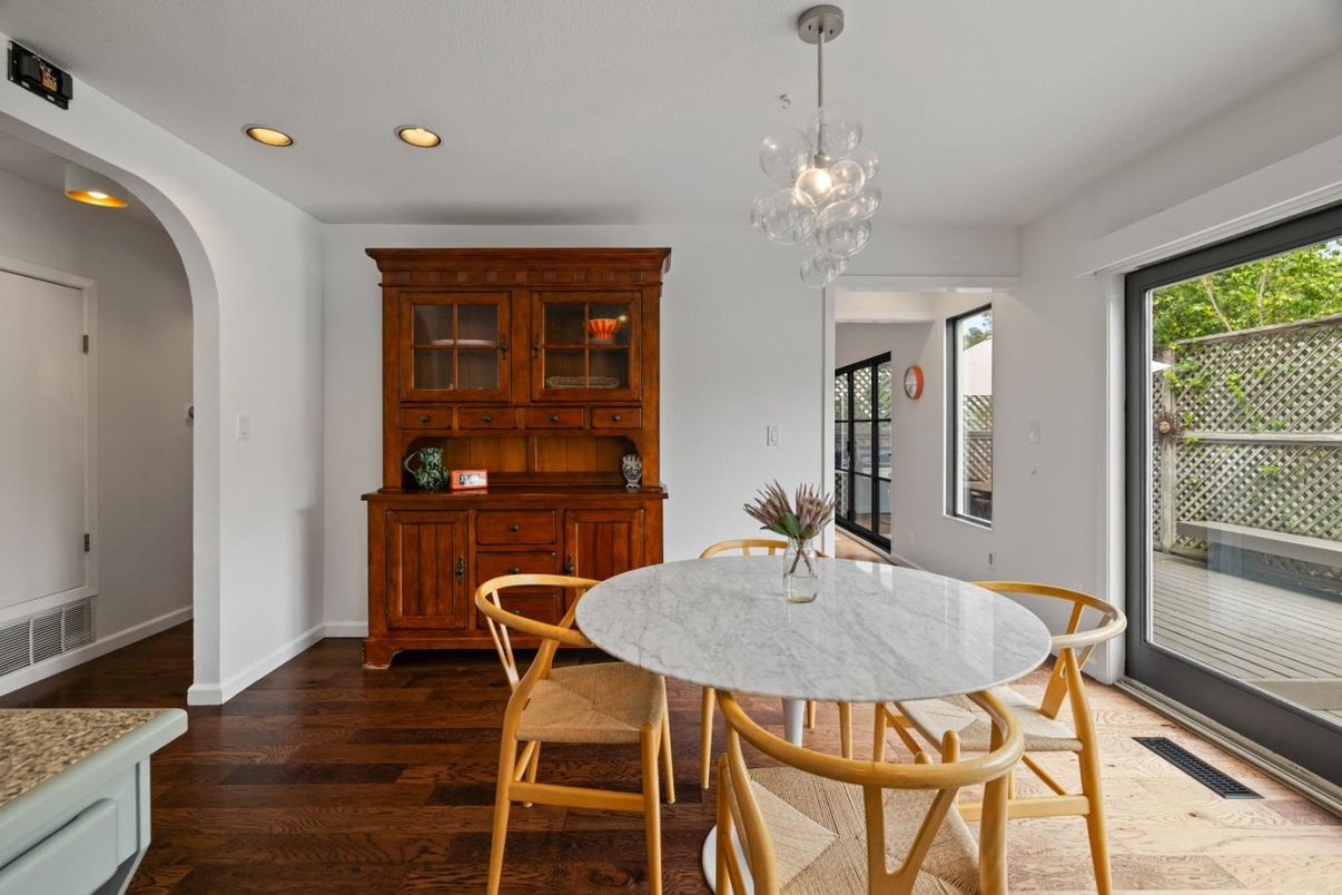 Dining room, Interior, Pendant Lights, Recessed Lighting, Wood Texture Flooring