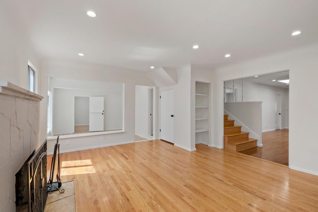Empty room, Fireplace, Interior, Recessed Lighting, Wood Texture Flooring