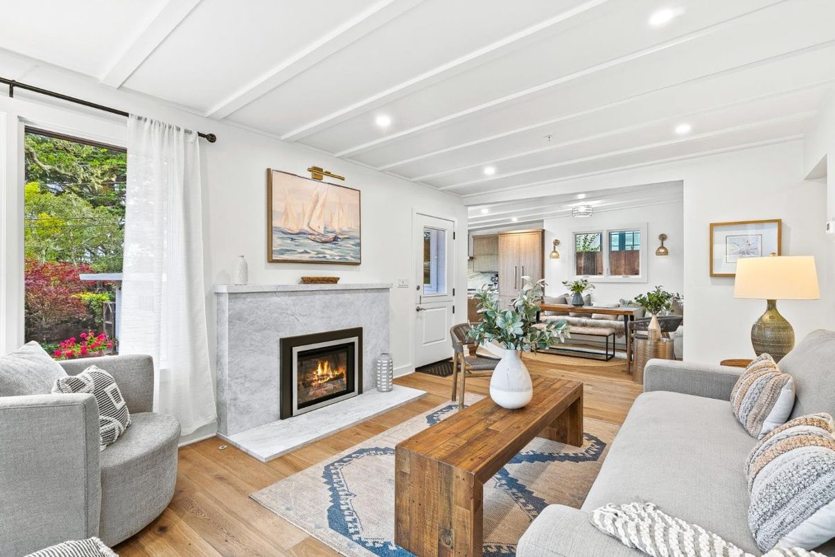 Fireplace, Interior, Living room, Recessed Lighting, Wood Texture Flooring