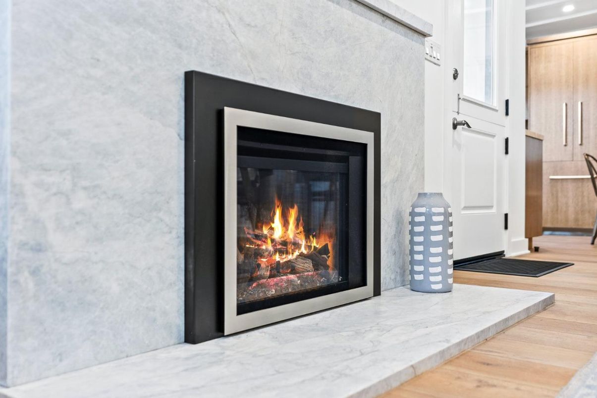 Fireplace, Interior, Recessed Lighting, Wood Texture Flooring