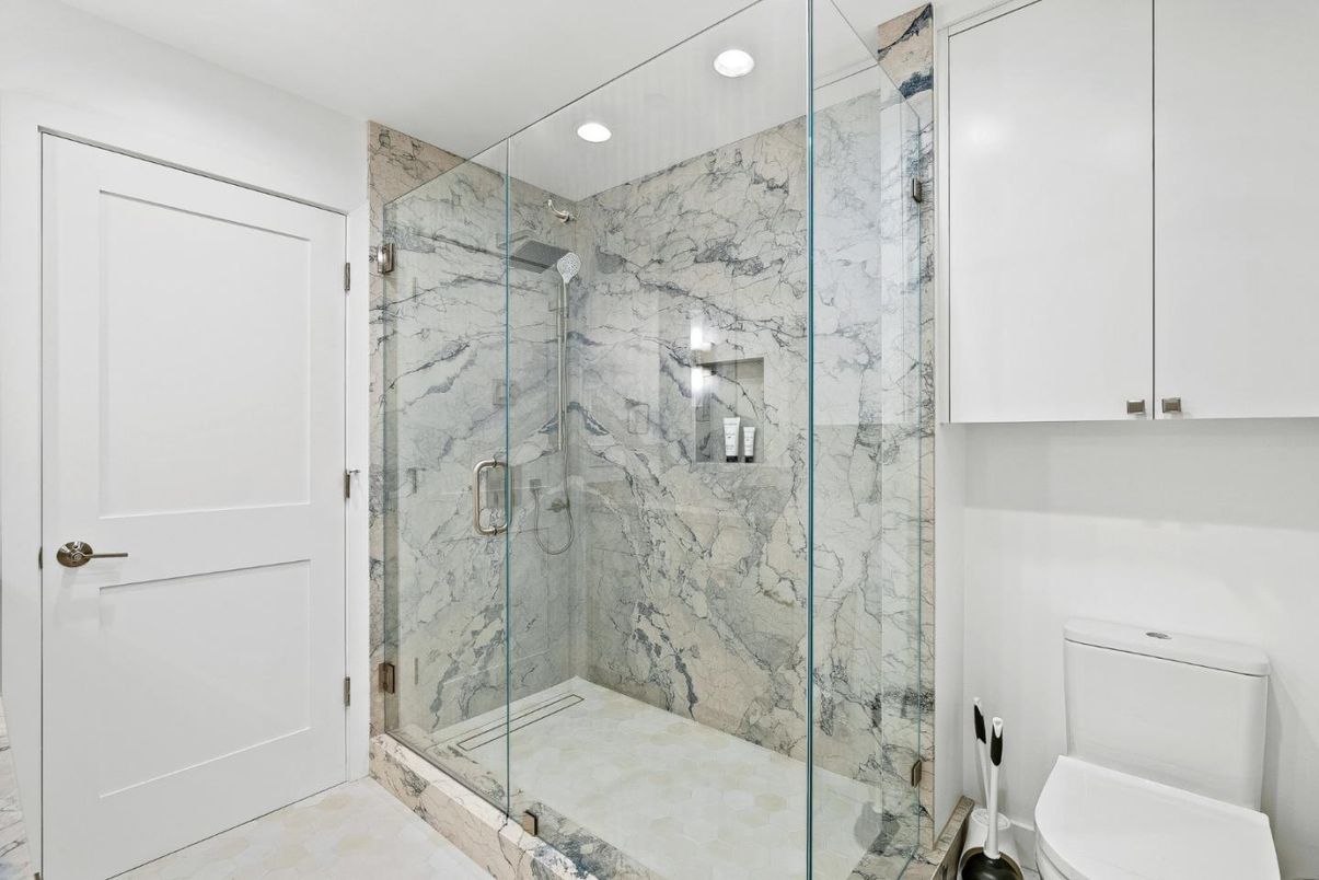 Bathroom, Glass Shower, Interior, Marble Walls, Recessed Lighting