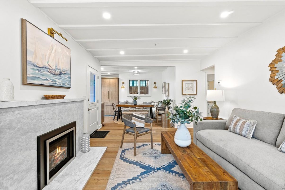 Dining room, Fireplace, Interior, Living room, Recessed Lighting, Wood Texture Flooring