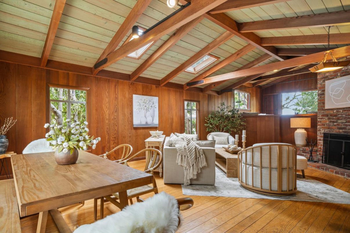 Dining room, Fireplace, Interior, Living room, Stone Walls, Wooden Beams, Wooden Ceilings, Wood Texture Flooring, Wooden Walls