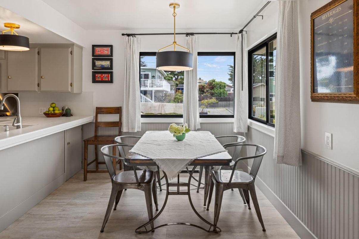 Dining room, Interior, Pendant Lights, Wood Texture Flooring