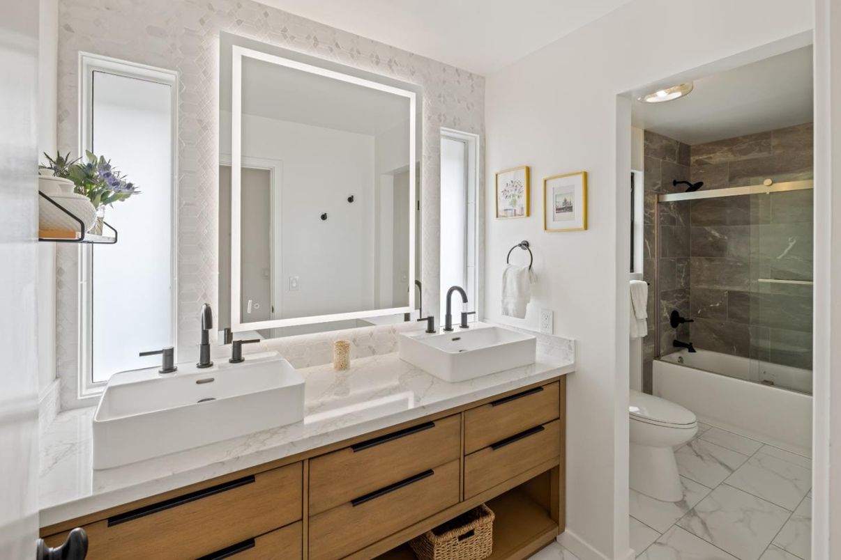 Bathroom, Dual Sink Vanities, Glass Shower, Interior, Marble