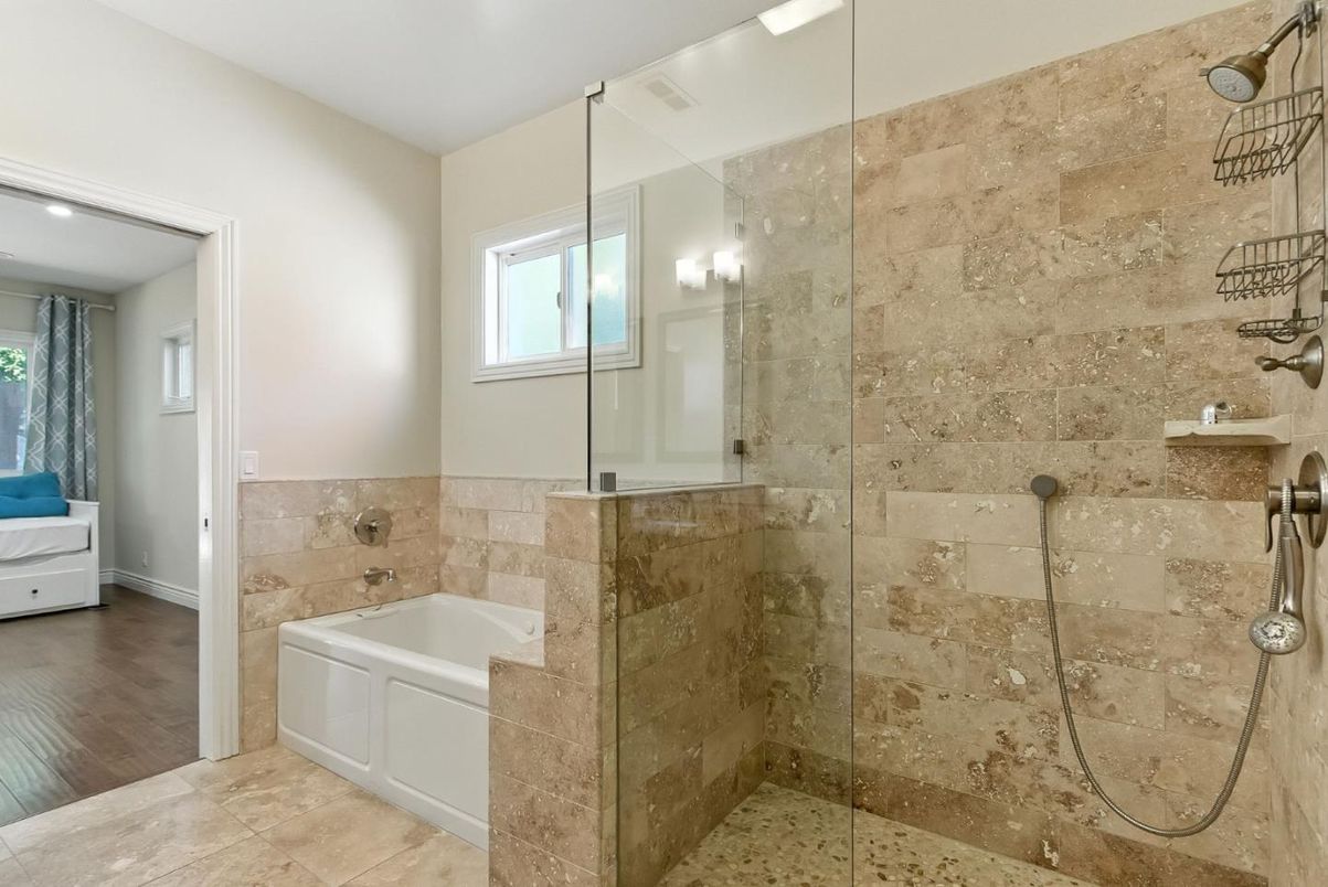 Bathroom, Glass Shower, Interior, Wood Texture Flooring