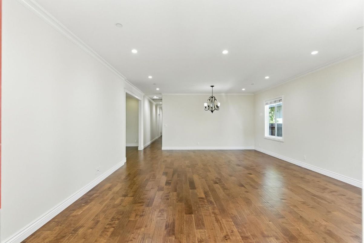 Chandelier, Empty room, Interior, Recessed Lighting, Wood Texture Flooring