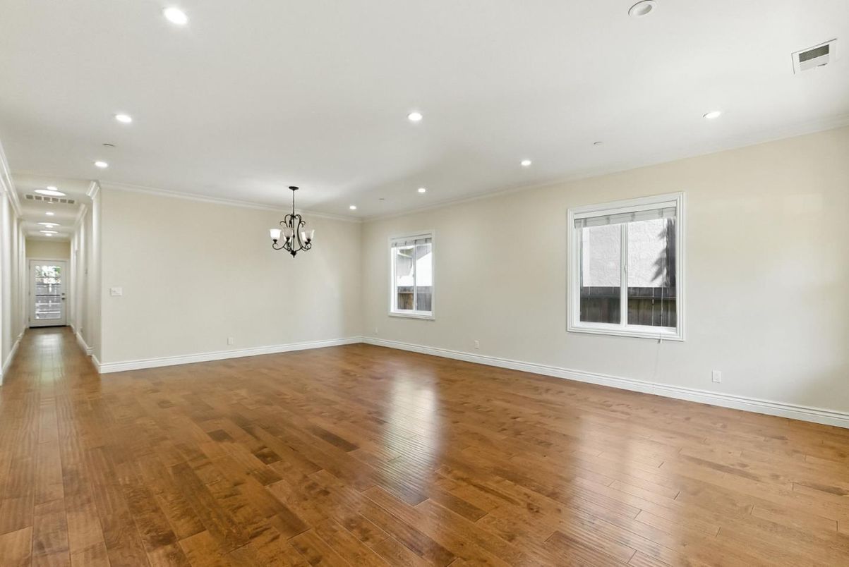 Chandelier, Empty room, Interior, Recessed Lighting, Wood Texture Flooring