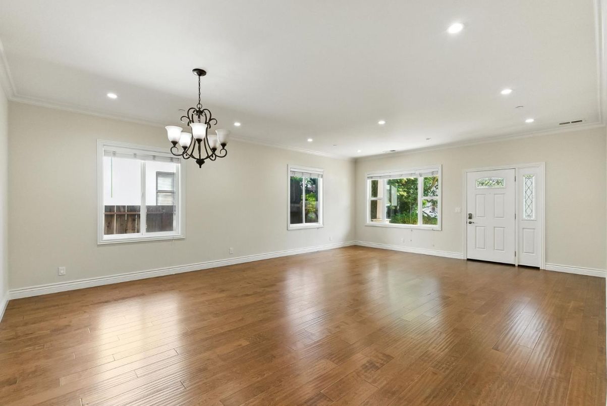 Chandelier, Empty room, Interior, Recessed Lighting, Wood Texture Flooring