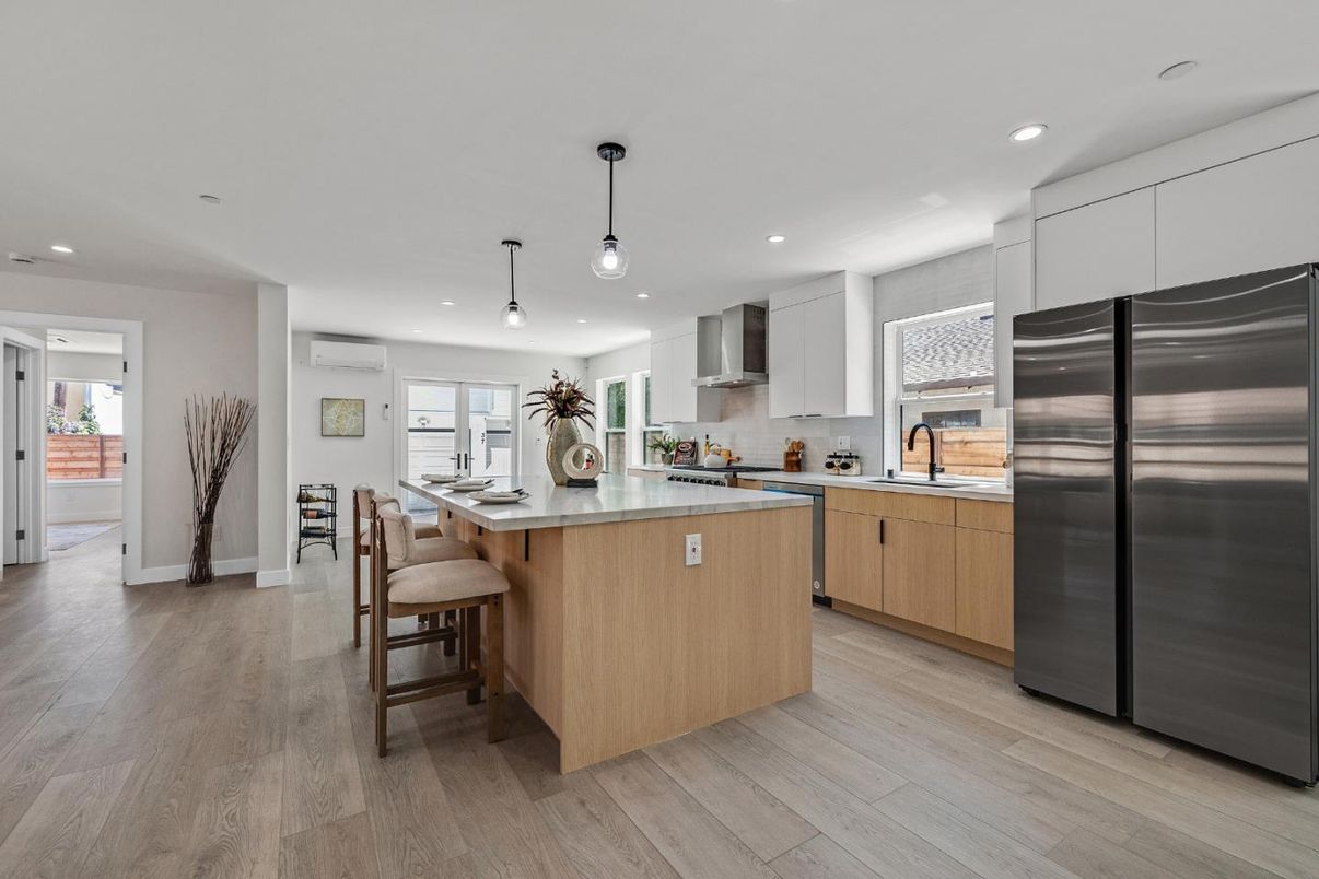 Interior, Kitchen, Pendant Lights, Recessed Lighting, Stainless Steel Appliances, Wood Texture Flooring