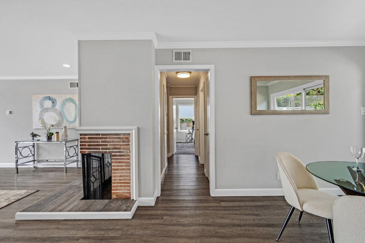 Fireplace, Interior, Recessed Lighting, Wood Texture Flooring