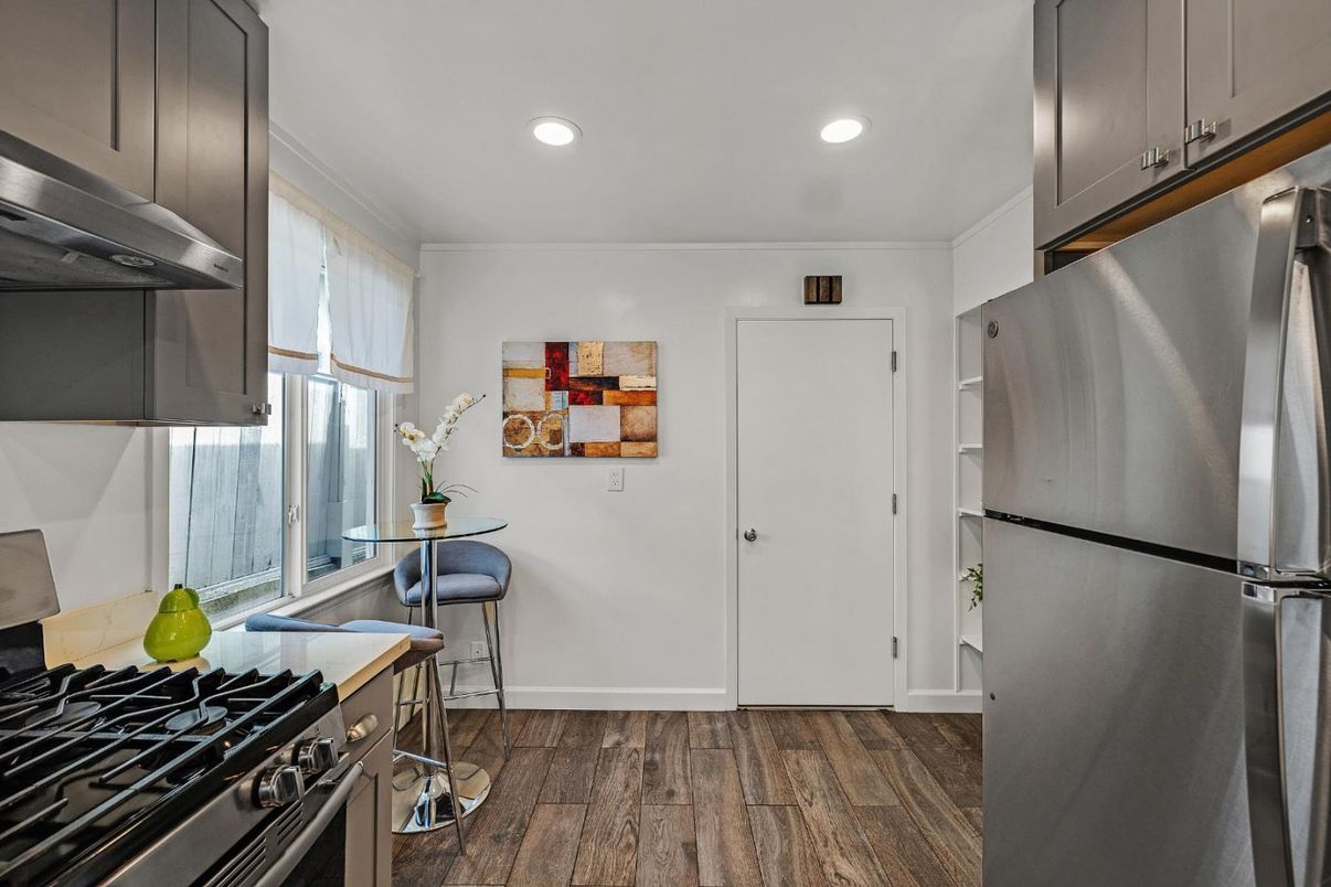 Interior, Kitchen, Recessed Lighting, Stainless Steel Appliances, Wood Texture Flooring
