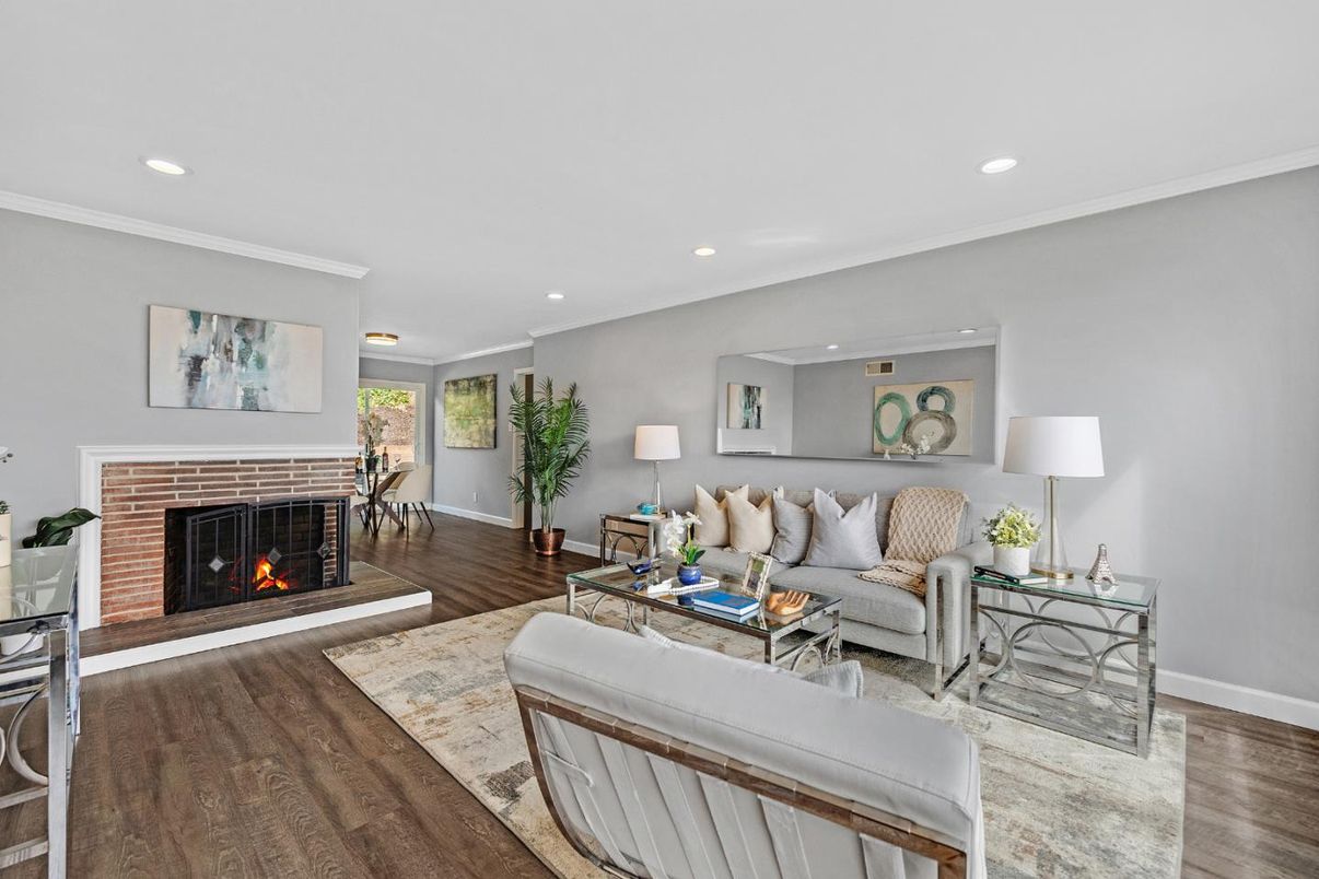 Fireplace, Interior, Living room, Recessed Lighting, Wood Texture Flooring
