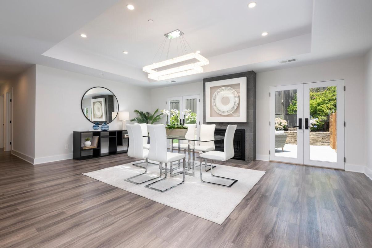 Dining room, Fireplace, Interior, Pendant Lights, Recessed Lighting, Wood Texture Flooring