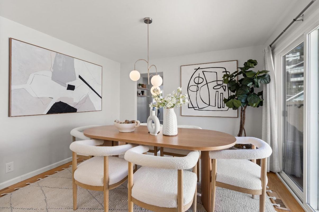 Dining room, Interior, Pendant Lights, Wood Texture Flooring