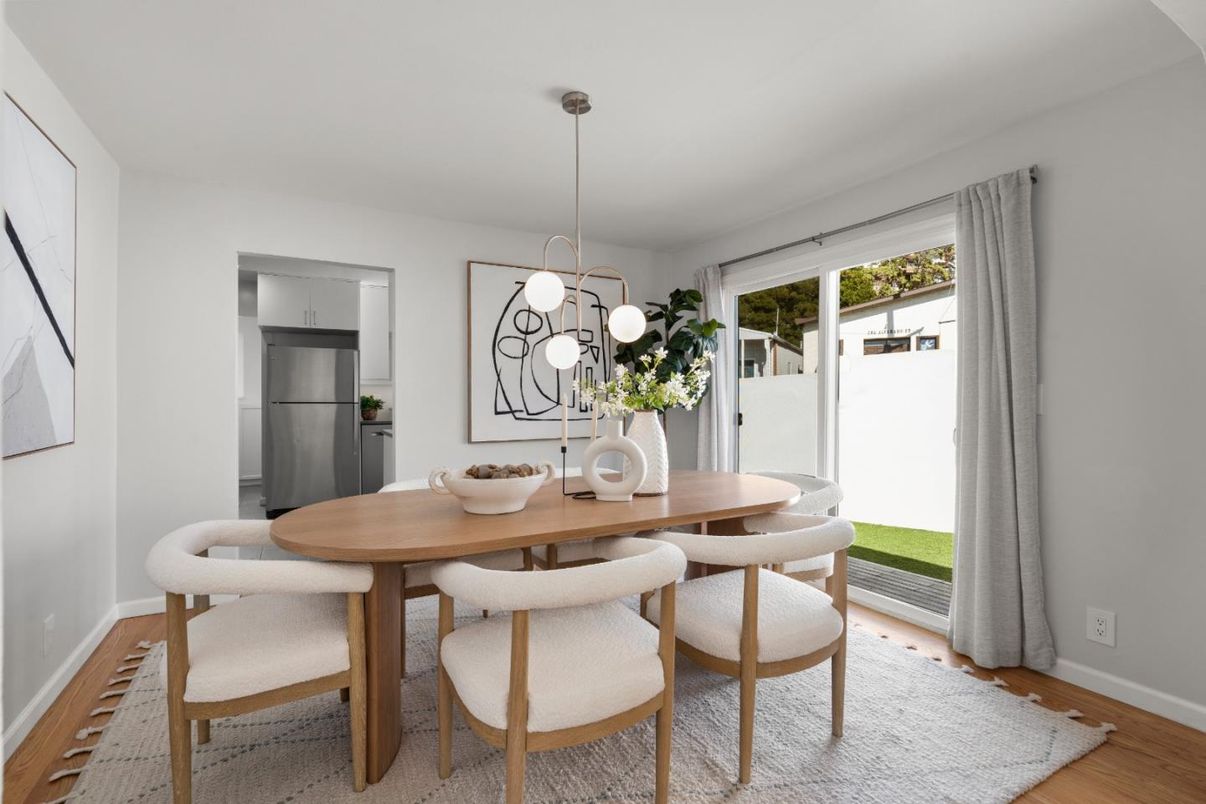 Dining room, Interior, Pendant Lights, Wood Texture Flooring