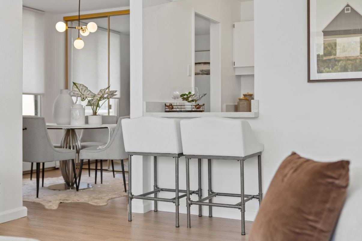 Dining room, Interior, Pendant Lights, Wood Texture Flooring