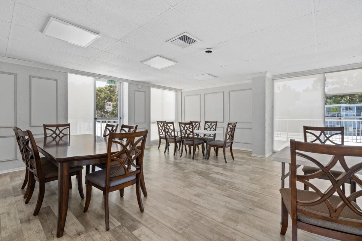 Dining room, Interior, Recessed Lighting, Wood Texture Flooring