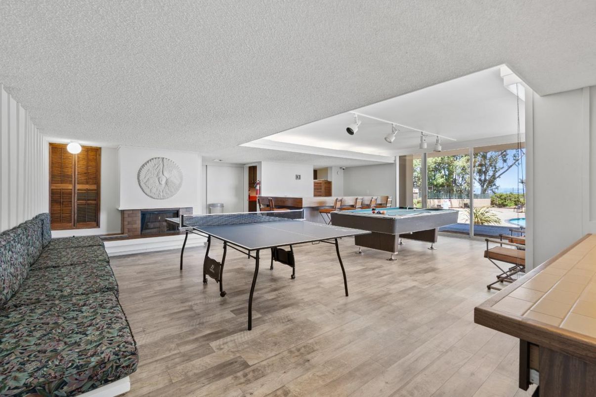 Billiard Table, Fireplace, Game Room, Interior, Wood Texture Flooring