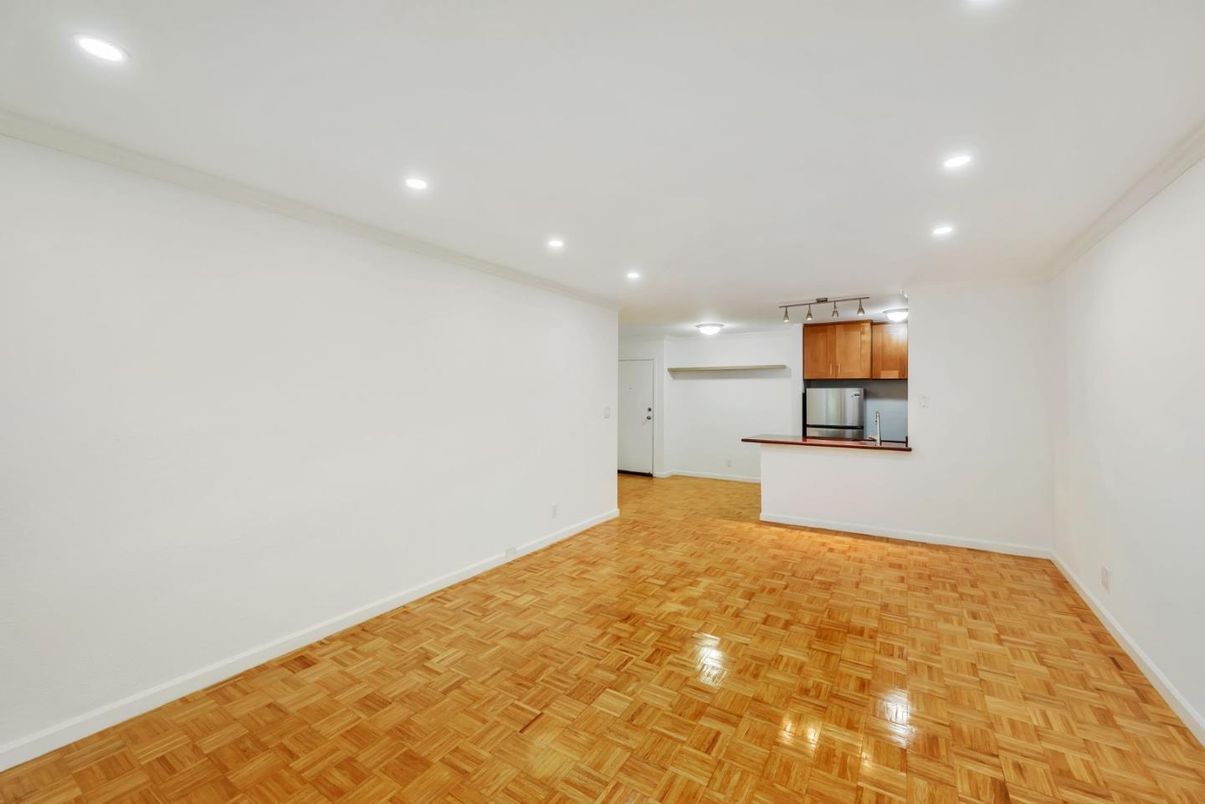 Empty room, Interior, Kitchen, Recessed Lighting, Wood Texture Flooring