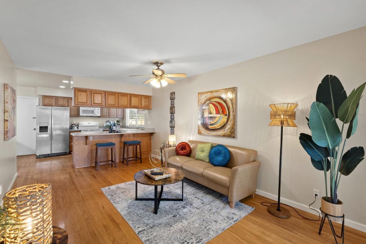 Interior, Kitchen, Living room, Recessed Lighting, Stainless Steel Appliances, Wood Texture Flooring