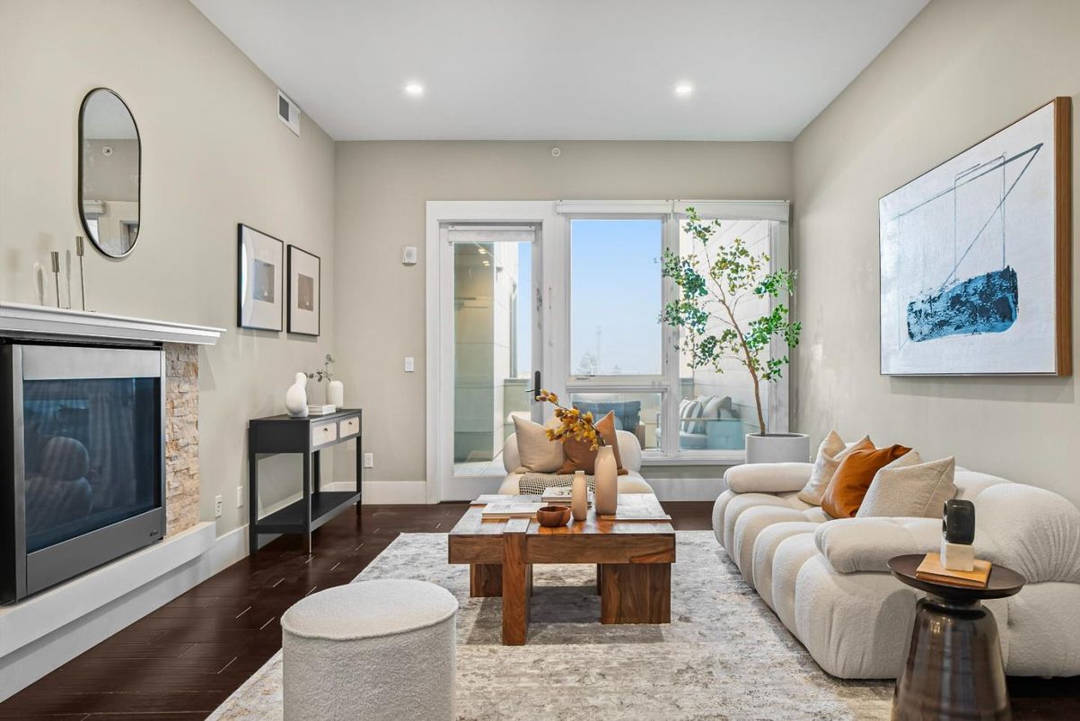 Fireplace, Interior, Living room, Recessed Lighting, Wood Texture Flooring