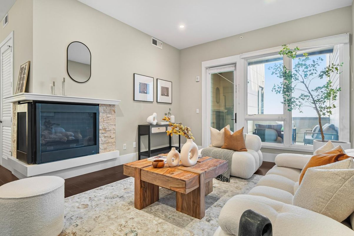 Fireplace, Interior, Living room, Recessed Lighting, Wood Texture Flooring