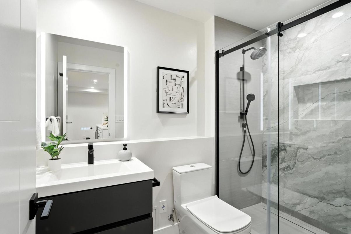Bathroom, Glass Shower, Interior, Marble Walls, Recessed Lighting