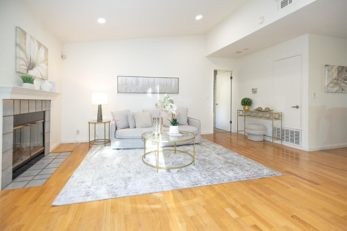 Fireplace, Interior, Living room, Recessed Lighting, Wood Texture Flooring