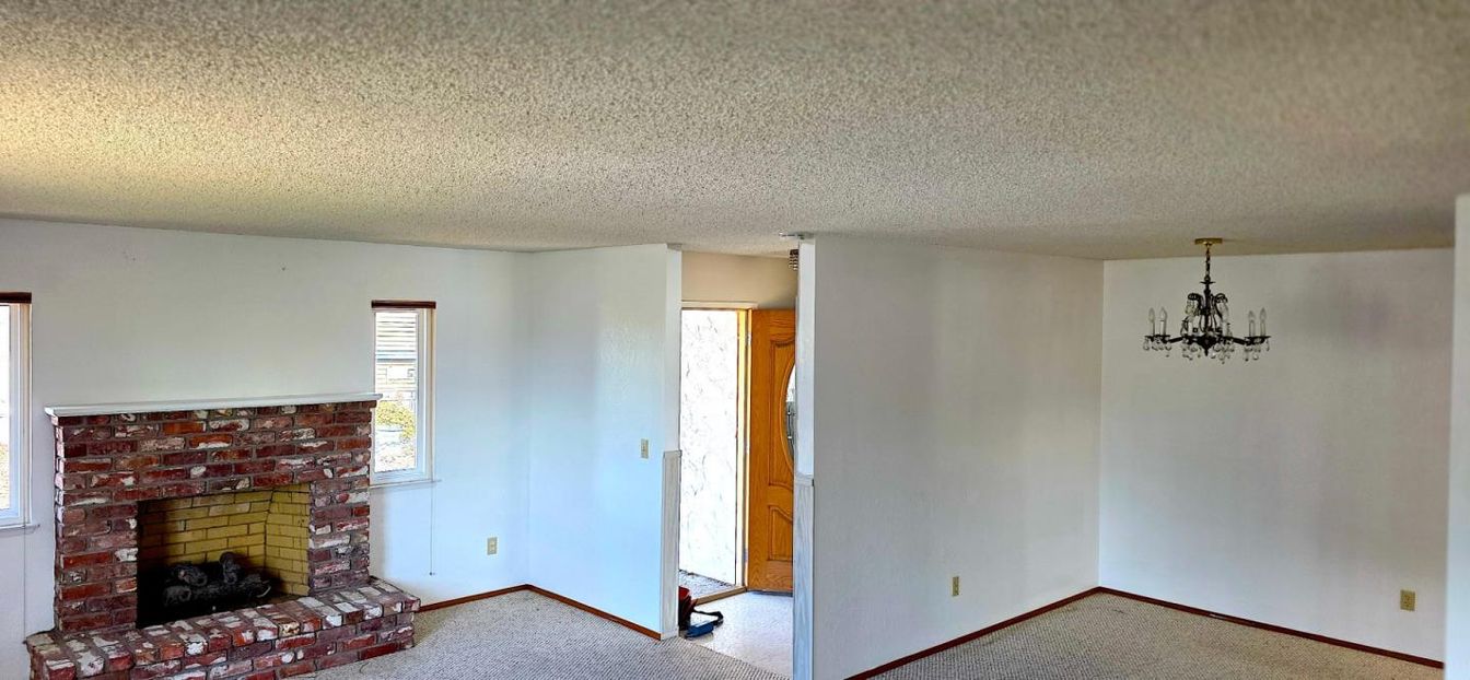Chandelier, Empty room, Fireplace, Interior
