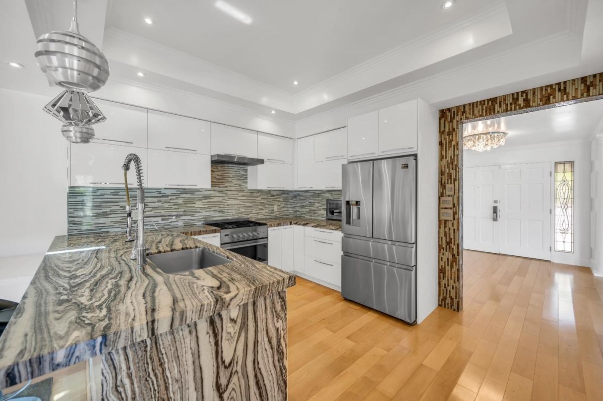 Chandelier, Interior, Kitchen, Recessed Lighting, Stainless Steel Appliances, Wood Texture Flooring