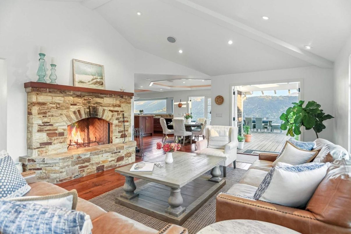 Dining room, Fireplace, Interior, Living room, Recessed Lighting, Wood Texture Flooring