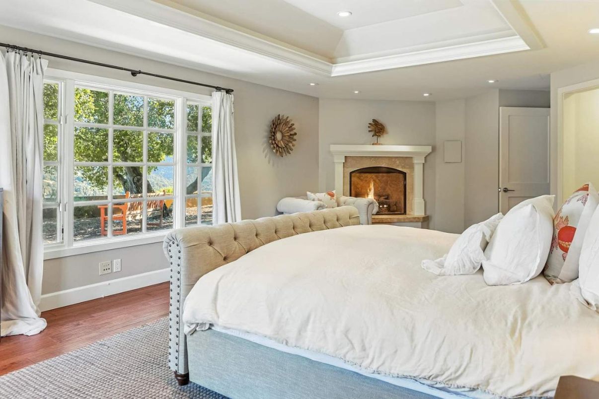 Bedroom, Fireplace, Interior, Recessed Lighting, Wood Texture Flooring