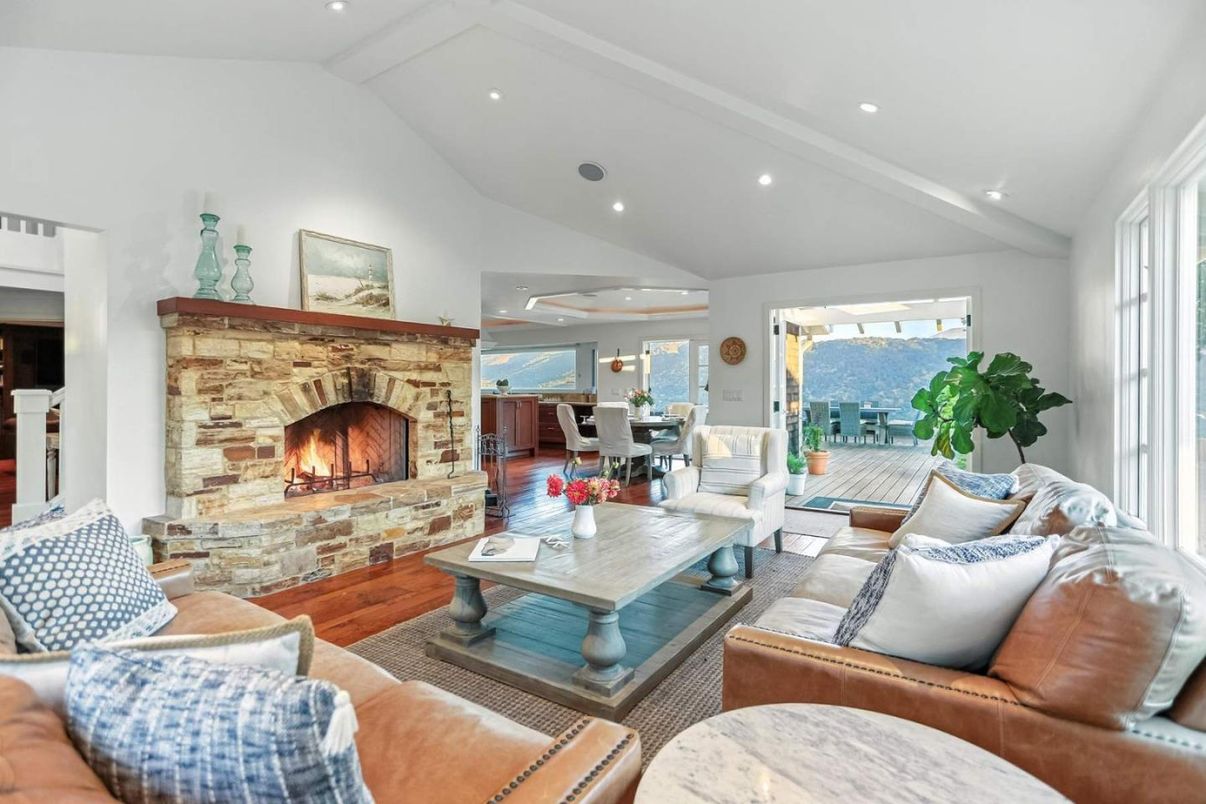 Dining room, Fireplace, Interior, Living room, Recessed Lighting, Wood Texture Flooring