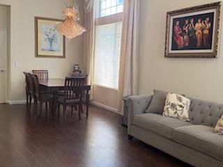 Chandelier, Dining room, Interior, Wood Texture Flooring