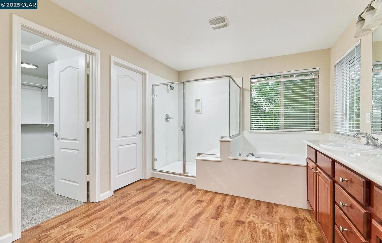 Bathroom, Glass Shower, Interior, Wood Texture Flooring