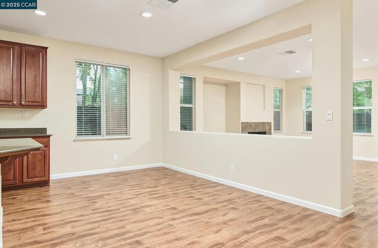 Empty room, Fireplace, Interior, Recessed Lighting, Wood Texture Flooring