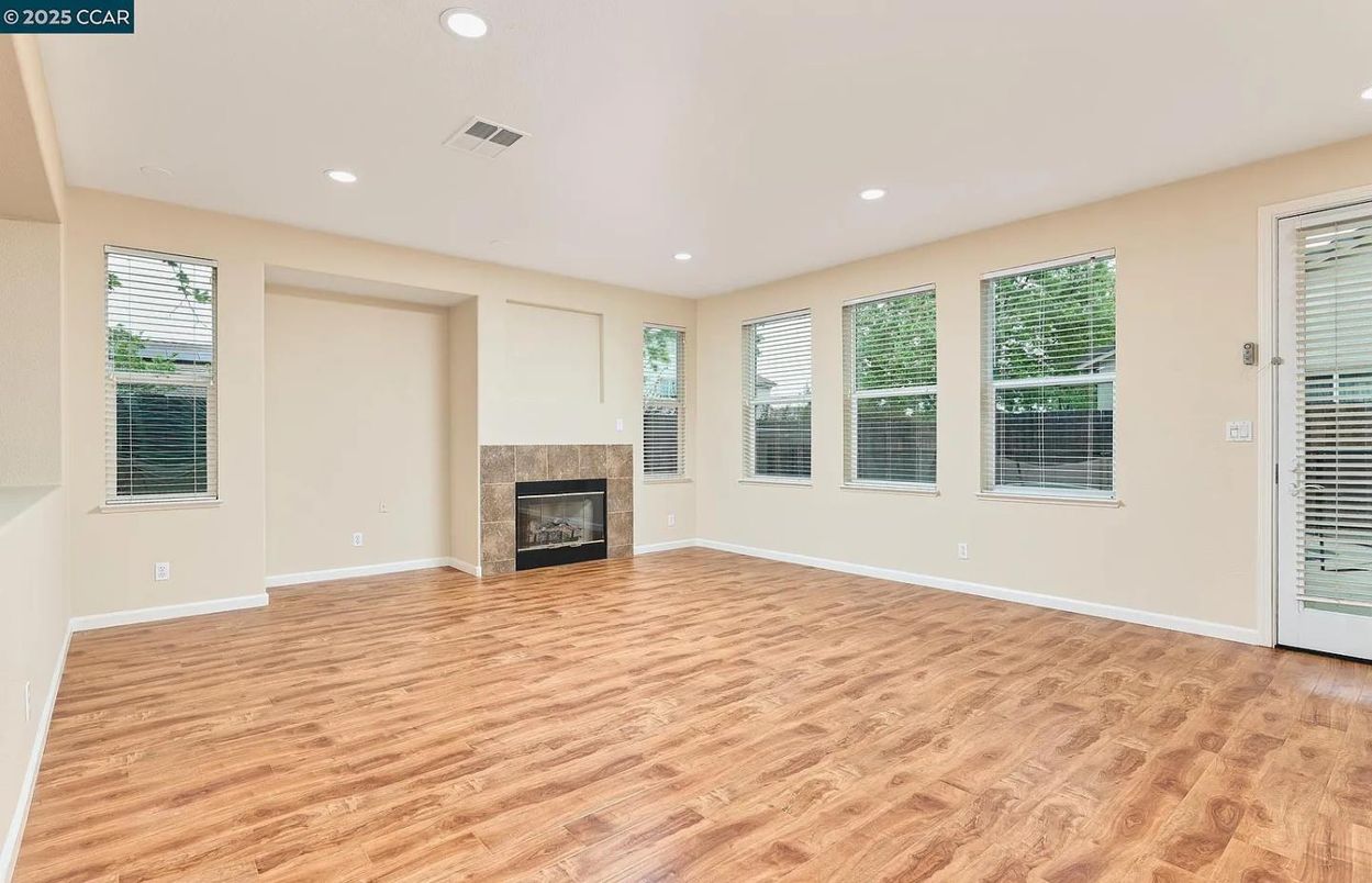 Empty room, Fireplace, Interior, Recessed Lighting, Wood Texture Flooring